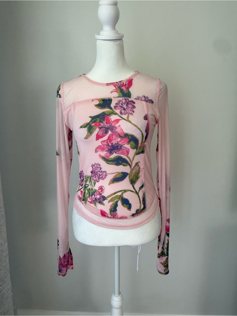 Free People Pink Sheer Floral Long Sleeve Top